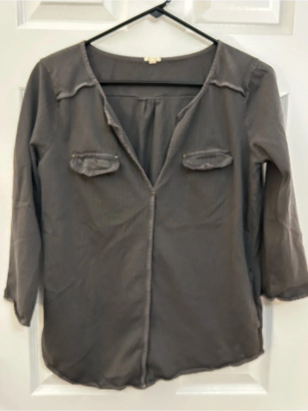 J.Crew Gray Utility Popover Blouse S 3/4 Sleeve Chest & Side Pockets